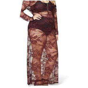 NEW•1X-2X•Zen Bohemian Cabernet Boho Chic Lace Maxi Dress